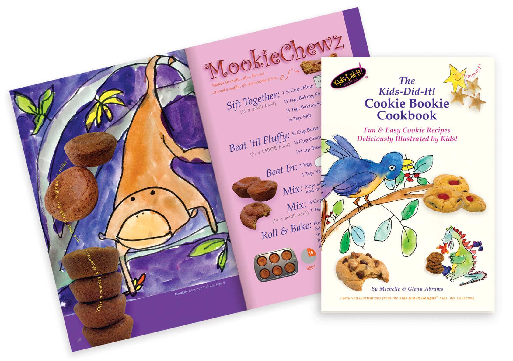 Mookie Chewz Recipe page and 2nd edition cover of the Kids-Did-It! Cookie Bookie Cookbook. Fun and Easy Cookie Recipes Deliciously Illustrated by kids