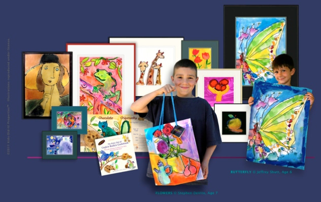 Children artists and framed artwork, books and gift bag made by children and kids