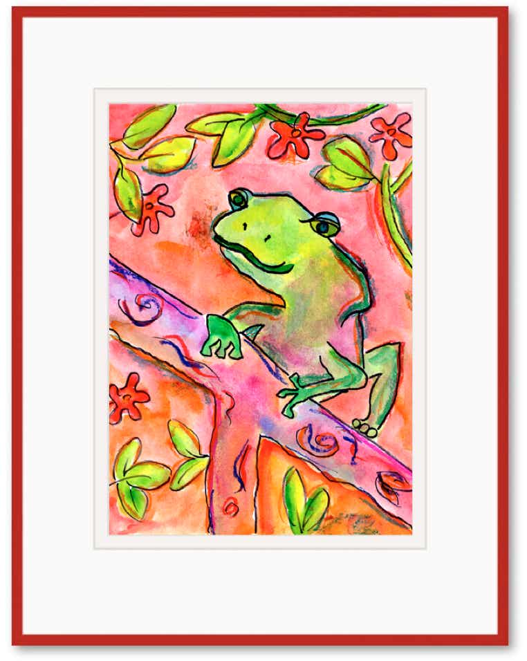 Red Framed origoinal watercolor Froggy print by Brett Walker, Age 12