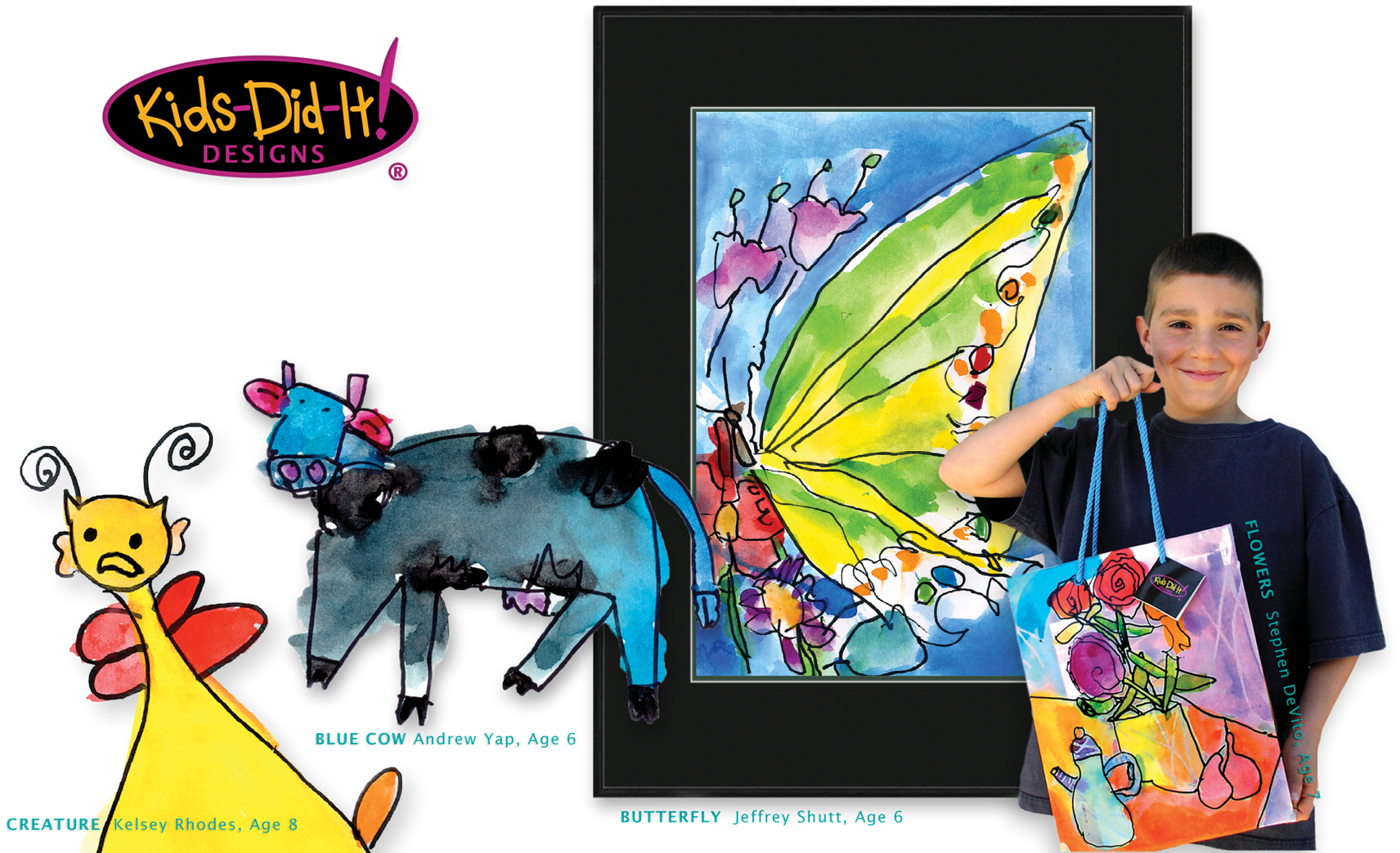 Art by kids. Children's illustrated Creature, Blue Cow with Pinnk ears and watercolor Butterfly with Stephen DeVito Age 7 holding his illustrated Flowers gift bag.