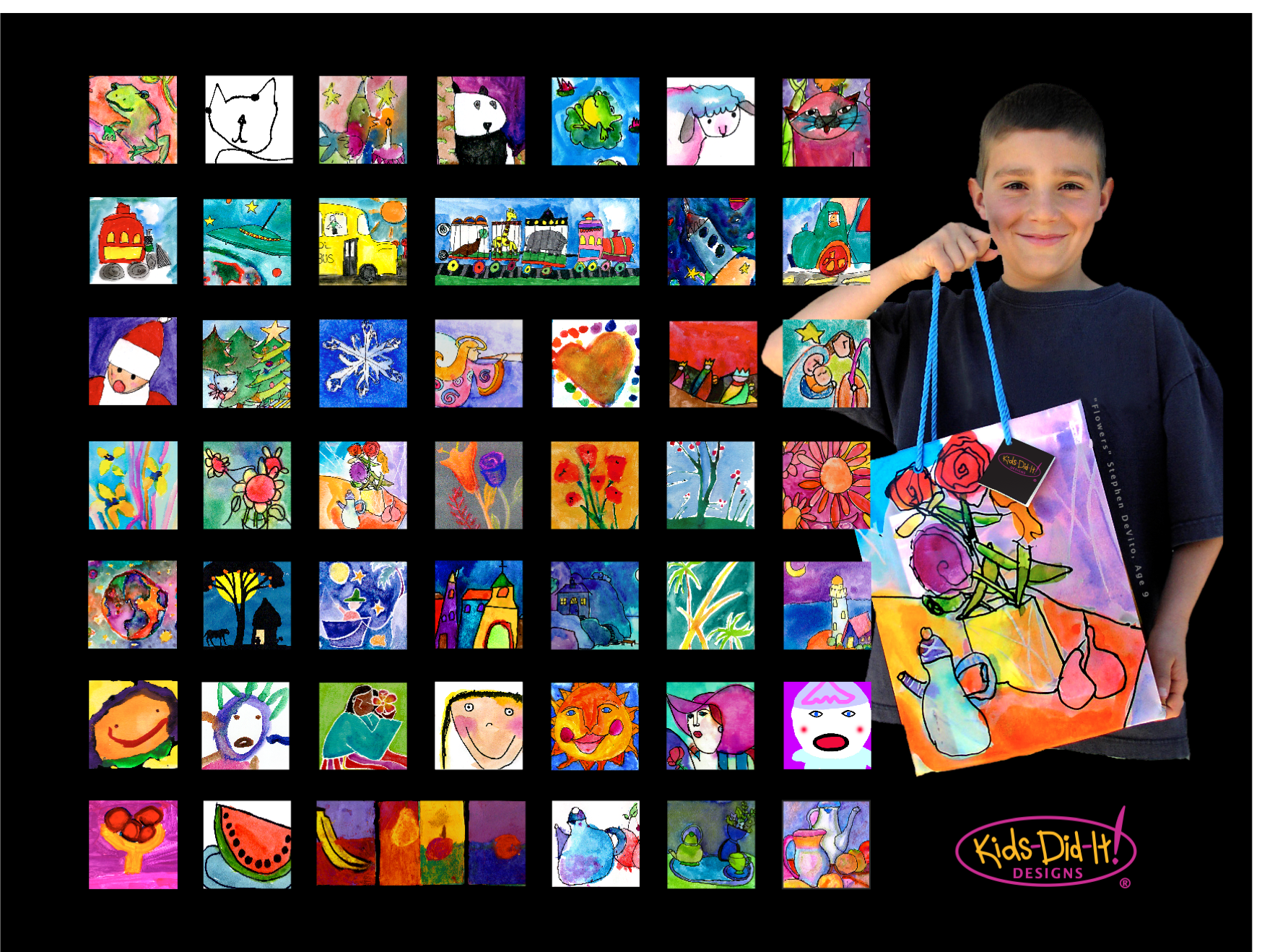 500 Cute and Colorful watercolor Illustrations created by kids showing 7 categories: Animals, Transport, Holiday, Flowers, Landscape, People & Faces, Still Life © Kids-Did-It! Properties registered copyright VA138-4142 U.S. Library of Congress. With Artist Stephen DeVito Age 7 holding his illustrated gift bag, "Flowers".