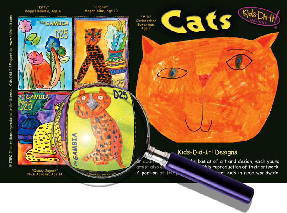 Cat Postage Stamps featuring original art created by kids and chidren