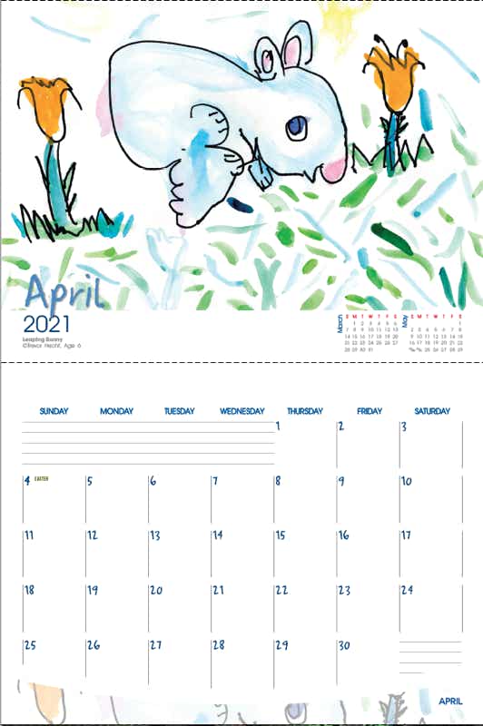 Calendar featuring original art by kids and children Bunny Rabbit